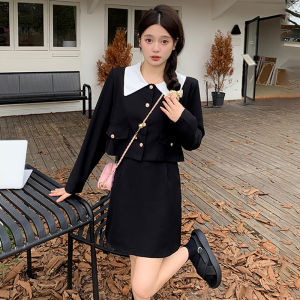 French style Temperament Design Sense Niche Small Younger Short dress Hepburn Style Long sleeve Waist Hugging Dress Women Fake Two Pieces