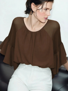 AMII | Elegant Commuter Style Round Neck Raglan Sleeve Flared Chiffon Blouse