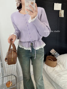 Soft Style round Neck Drawstring Waist Slim Fit Lace Trim Design Knitted Sweater Top Long Sleeve Regular Fit Spring Fashion