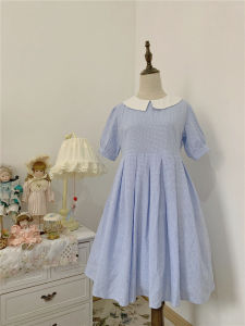Labeau Spring Water Tea Alice Cute Japanese Style Plaid Doll Collar Short Sleeve Dress Womens Sweet High Waist A-Line Midi Dress