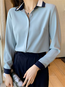 Spring Autumn Vintage Hong Kong Style Womens Long Sleeve Chiffon Shirt Fashionable Color Block Design Sensible Manner Top