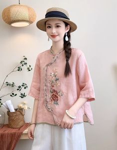 National Style Retro Cotton and Linen Embroidery Shirt Womens Summer Improvement Tea Clothes Stand Collar Linen Shirt Elegant Slim Looking Tops Thin