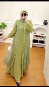 Belaria Dress 2in1 Ceruty Babydoll mix Brukat Aplikasi Mutiara: Fashion Wanita Muslimah Kekinian
