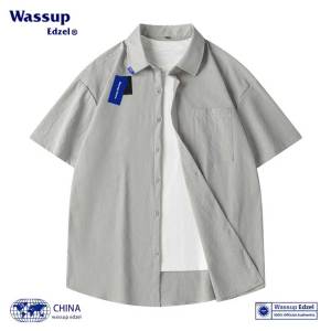 Wassup Edzel Pure Color Ice Silk Short Sleeve Shirt Mens Loose Fit Summer Versatile Casual Shirt Polyester Fiber Cool Feeling