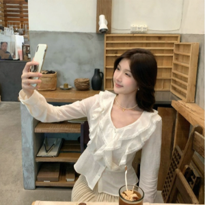 OUYANGXI | Áo Blouse Tay Voan Giúp Gầy Đẹp Pháp