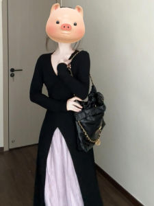 Elegant French Style Knitted Long Dress Black Asymmetrical Hem A-Line Skirt Set Womens Fashion Autumn Collection