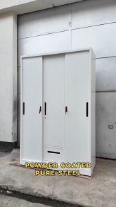Steel 3‑Door Wardrobe with Mirror Matte White Metal Sliding Wardrobe Heavy‑Duty Waterproof Minimalist Storage Cabinet