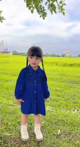 Gaun Jeans Denim Anak Perempuan Motif Floral Pinggang Reguler Usia 1-5 Tahun