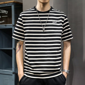 New 2025 Mens Heavyweight Pure Cotton Striped Short Sleeve T-Shirt Loose Fit Large Size Fashionable Half Sleeve Body Tee