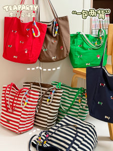 Double-Sided Canvas Shoulder Bag Womens Large Capacity Commuter Tote Casual Stripe Pattern Student Class Versatile Single Strap Bag