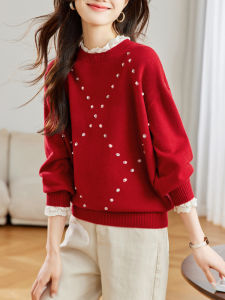Red Knitted Sweater 2024 Autumn Winter New Style Womens Fashion Lace Trim Beaded Base Shirt Lucky Year Design Commute Style Loose Fit