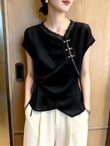 KUNAILIN | V Neck Short Sleeve Black Lace Trim Tie Waist Summer Top