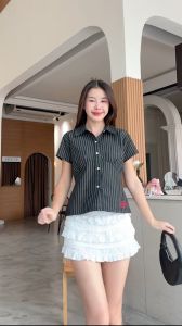 ppitchy.shop - Stripes Jeans Shirt - เชิ้ตยีนส์ตัวยาวแขนสั้น ลายทาง มี 2 แบบ แบบละ 3 สี