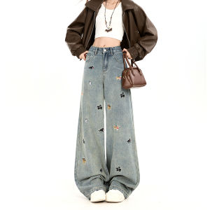 Retro American Embroidered Wide Leg Jeans Womens High Waist Loose Slim Straight Cut Trousers Casual Comfortable Cotton Denim