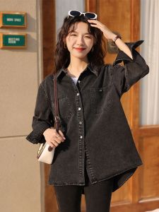 เสื้อเชิ้ตยีนส์สีดำแขนยาวสไตล์วินเทจสำหรับผู้หญิงในช่วงต้นฤดูใบไม้ผลิ เสื้อเชิ้ตผู้หญิงแบบบาง เสื้อเชิ้ตทรงตรง