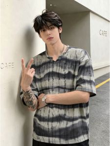 OUMULONG | Retro Striped Dye V-Neck Short Sleeve T-Shirt