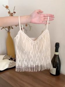 Summer Short Lace Crop Top Womens Sleeveless Tassel Trimmed Vest Sweet Style Slim Fit Nylon Fabric Tagkita Brand