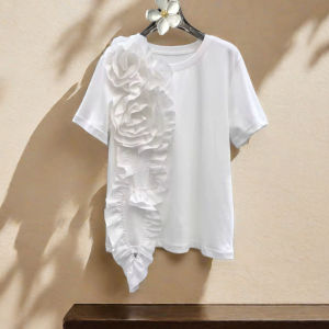 เรียบหรู สีขาว เสื้อยืดแขนสั้นประดับดอกไม้ ผู้หญิง แฟชั่น ดีไซน์ สลิมฟิต ผ้าฝ้าย Blend ฤดูร้อน เสื้อท่อนบน อินเทรนด์ Ins Style