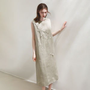 Miccbeirn | Elegant Pure Linen Sleeveless Embroidered Dress With Beads 3D Flower Design Midi Skirt Length Summer Commute Style Simple