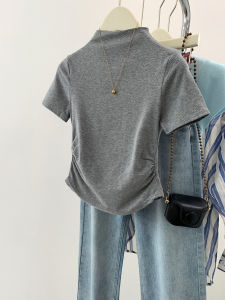 Gray Half-High Collar Short Sleeve T-Shirt Womens Summer Slim Fit Top Fashion Design Casual Wear Daily round Neck Short Length