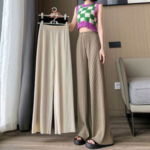 Narrow Ice Silk Wide-Leg Pants Women Summer Thin Pleat Cool Pants High Waist Slimming Casual Mop Straight Trousers