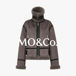 MO&Co. High Collar Teddy Fleece Suede Jacket Pastoral Style Zipper Closure Womens Loose Fit Short Coat Polyester Fabric