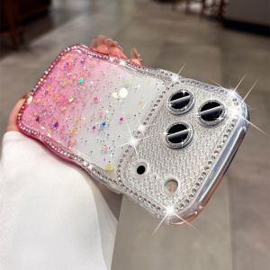 Luxury Gradient Diamond Glitter Sparkle Clear Case for iPhone 17 Pro Max Wave Frame Lens Film Cover for iPhone 16 15 Pro Max