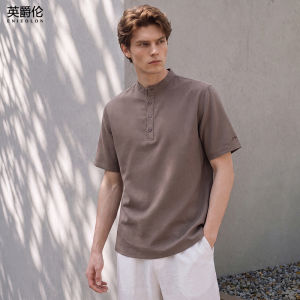 Enjeolon | Linen Tencel Cotton Henry Collar Stylish Breathable Summer Tee