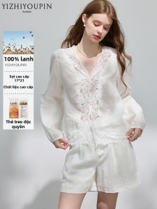 Bộ Áo Blouse Nữ Mùa Hè Thoáng Suối V-Cổ Hoa Văn Ren Gỗ 100%