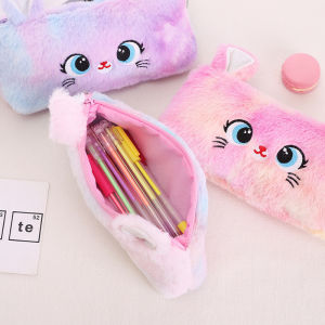 Kawaii Cat Plush Pouch Pencil Case Cute Zipper Fluffy Large Capacity Pencil Bag School Stationery Storage Bag Supplies