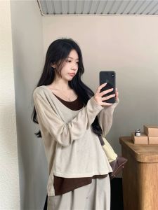 Large Size Womens Color Block Base Layer Top Spring 2024 Lazy Style Design Trendy T-Shirt Korean Version round Neck Long Sleeve