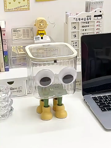 MLADEN Desktop Storage Box Transparent Press Type Waste Paper Basket Cartoon with Lid Trash Bin Office