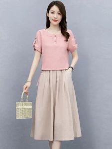 Elegant Cotton Linen Set for Women Summer 2025 New Korean Style Ageless Belly Cover Slimming Two-piece Skirt Trendy