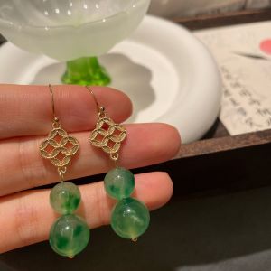Green Water Grass Agate Gourd Shaped Earrings Hook Style New Chinese Style Qing Cold Ancient Fashion Show He Hanfu Qipao Accessories