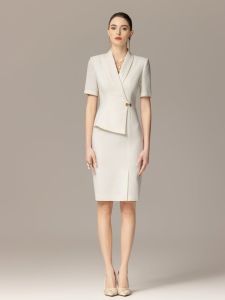 Elegant Mid-Waist Polyester Suit Skirt in Royal Blue for Women with Single Button Short Sleeve Ideal for Spring Summer Autumn