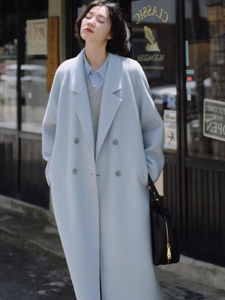 Korean Style Womens Luxury Ice Blue Versatile Elegant Fashion Commute Long Wool Coat Loose Outerwear Straight Cut Long Sleeve