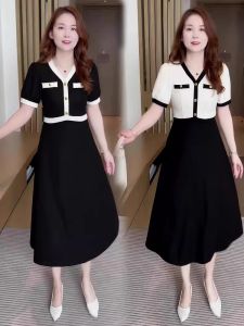 ชุดเดรสยาวปานกลางสไตล์เกาหลีสำหรับผู้หญิงในฤดูร้อน คอวี เอวสูง กระโปรงทรงเอ แขนสั้น ชุดสองชิ้นปลอม แฟชั่นสตรีท