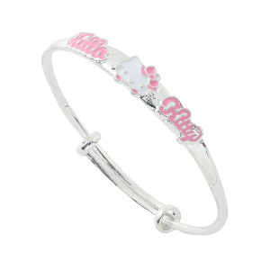 Sanrio | Cute Hello Kitty Slider Bangle Zinc Alloy with Pink Enamel Text & Kitty Head Silver Tone Adjustable Wristband