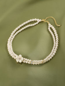 Elegant Double Layer Pearl Necklace Bracelet Set for Women Light Luxury Tea Rose Clavicle Chain White Color Alloy Jewelry