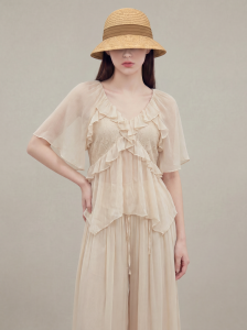 GULILI | Apricot V-Neck Ruffle Chiffon Outfit