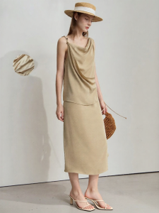 AMII | Summer New Simple Color Luxury Drape Neck Pleated Long Loose Dress