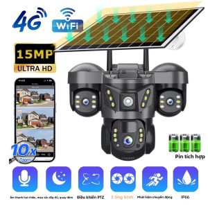 Camera IP Năng Lượng Mặt Trời PTZ 3 Ống Kính 3 Màn Hình 15MP Ngoài Trời Không Dây 4G Wifi An Ninh CCTV Với Zoom 10X Tự Động Theo Dõi Chống Nước