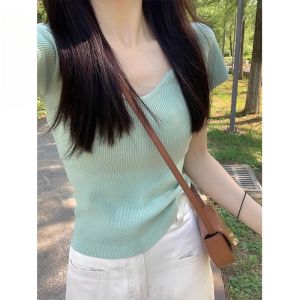 HUOLISI | French Collar Mint Green Slim Fit Short Crop Knit Top