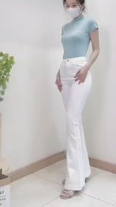 [Size 27-35] Quần jean dài nữ ống bass lưng cao 1 nút mẫu trơn co giãn mạnh màu trắng