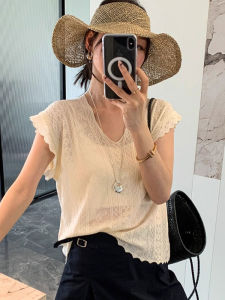 YUFUQING | Summer 2025 Ice Silk Knitted Lace Trim Sleeveless Hook Flower V-neck Top Versatile High Waist Straight Cut Commute Style Polyester Fiber