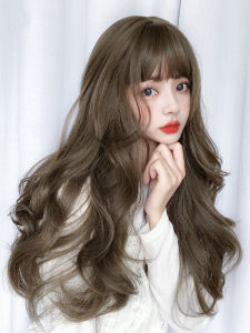 Womens Full Head Cover Wig Long Hair Natural Big Curling Hair Style Airy Bangs Artificial Human Hair Fiber Wig for Daily Use