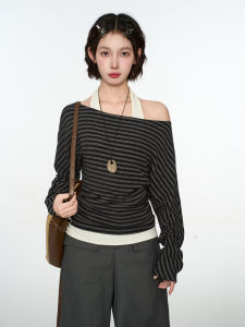 BAIDAIFEI | Striped Off-the-Shoulder Faux Two-Piece Long Sleeve T-Shirt