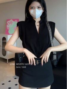 Slimming Short Sleeveless V-Neck Commuter Womens T-Shirt Fashion Casual Summer New Style Pure Color Vest Top Polyester Fiber