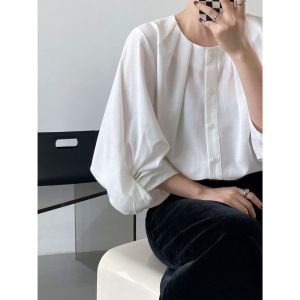 Cotton and Linen Three-Quarter Sleeve Top French Retro Minority Shirt