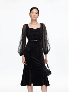 Vero Moda | Đầm Nhung Tùng Xòe Phối Ren Dây Nơ Eo Mới Thu Đẹp